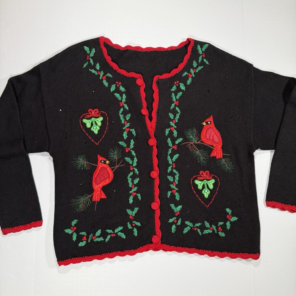 Vintage 90s Basic Editions Black Ugly Christmas Sweater CottageCore GrannyCore